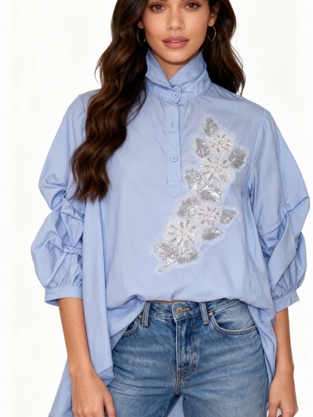 Light Blue Embellished Women's Tunic Top